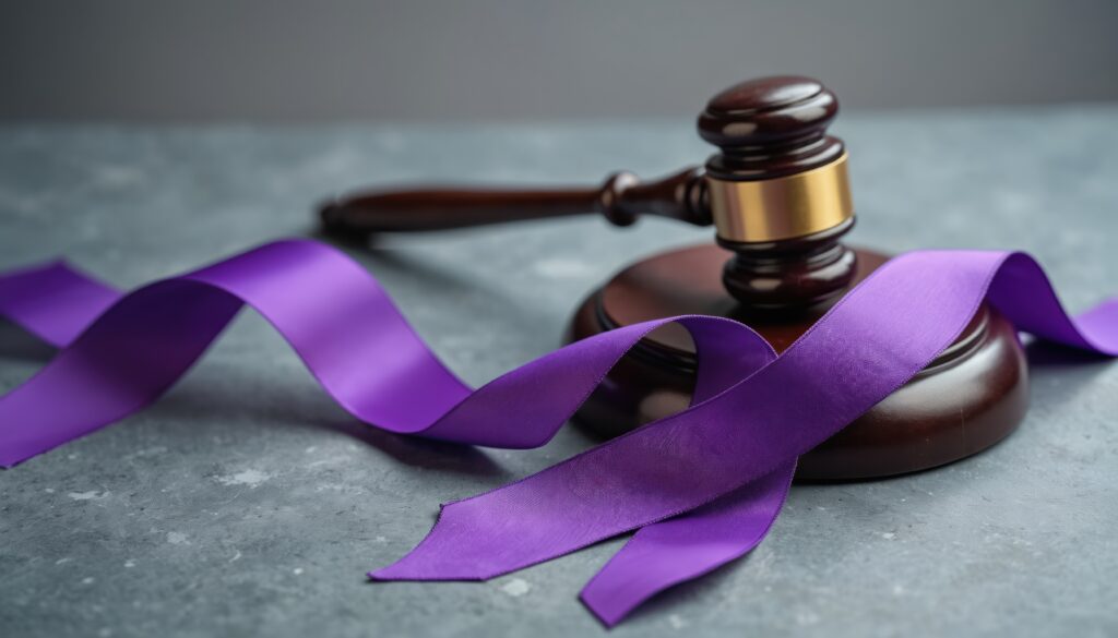 Violet domestic violence awareness ribbon beside a wooden gavel on a grey surface.